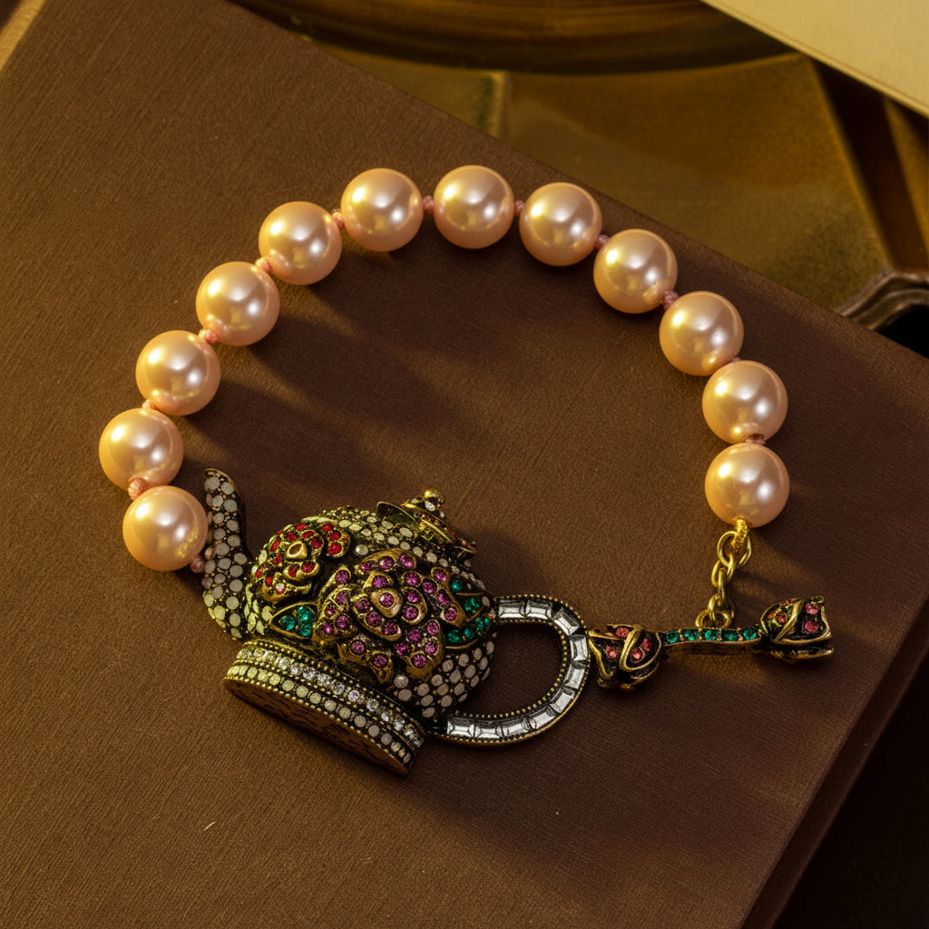Pearl bracelet with decorative clasp on a brown surface