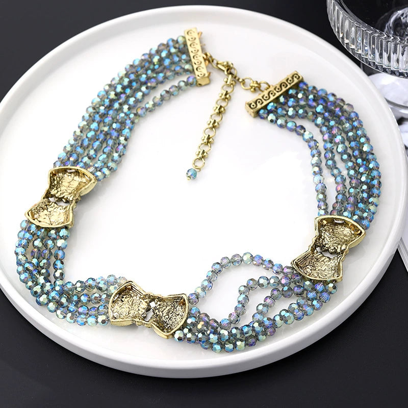 Ornate Multi-Strand Blue Crystal & Emerald Statement Necklace and Earrings