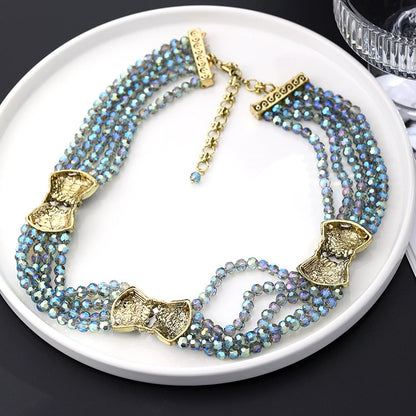 Ornate Multi-Strand Blue Crystal & Emerald Statement Necklace and Earrings