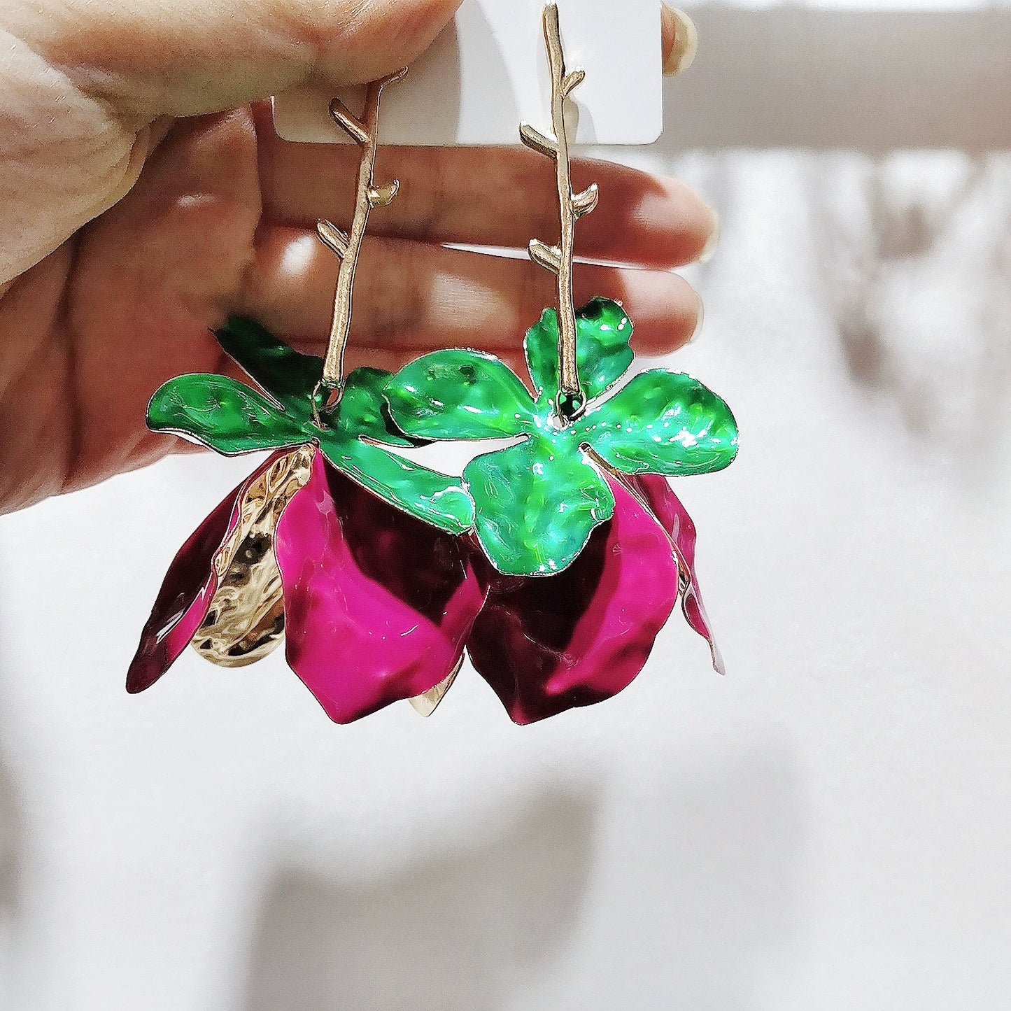 Elegant Pink Rose & Thorn Dangle Earrings