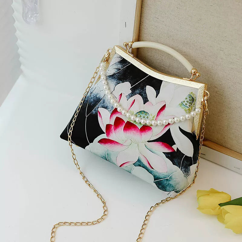 Elegant Oriental Lotus Floral Clutch Bag with Pearl Chain