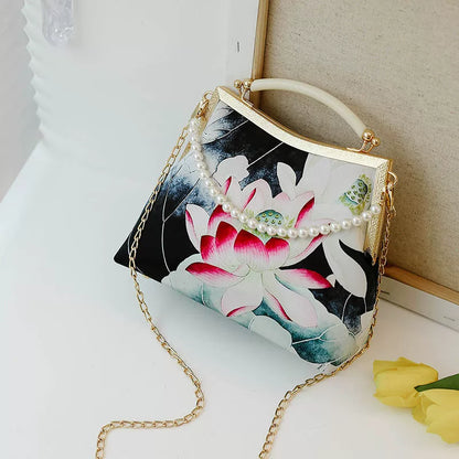 Elegant Oriental Lotus Floral Clutch Bag with Pearl Chain