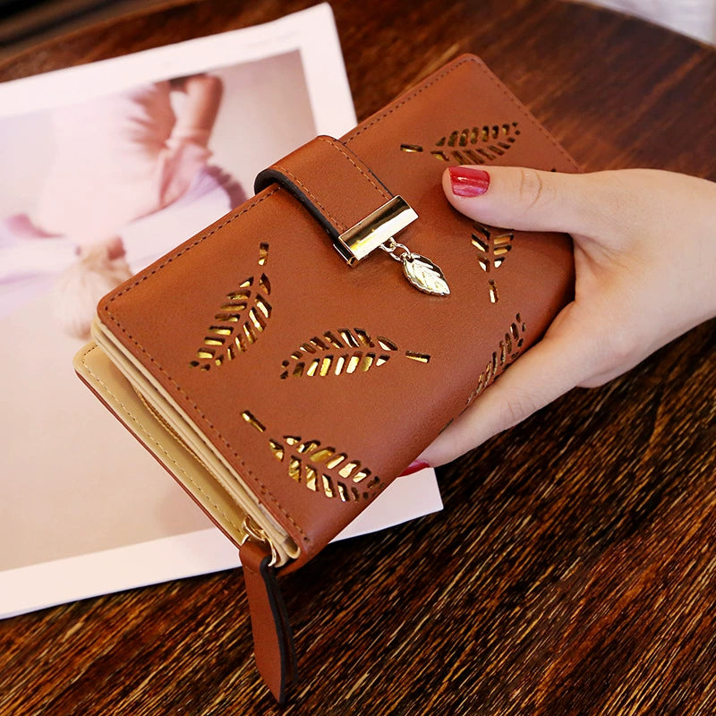 Chic Women's Brown Leaf Cutout Wallet with Charm