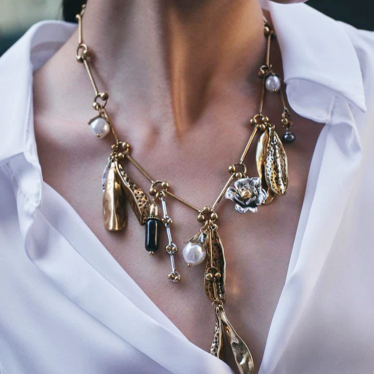 Artisan Multi-Charm Statement Necklace with Pearls