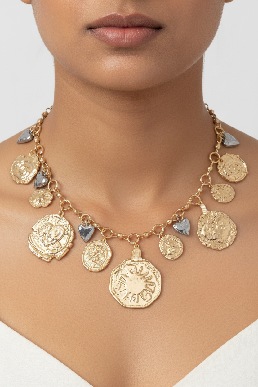 Boho Coin & Heart Charm Statement Necklace