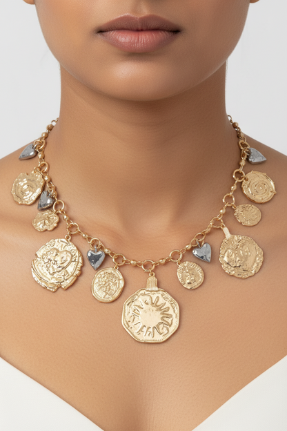 Boho Coin & Heart Charm Statement Necklace