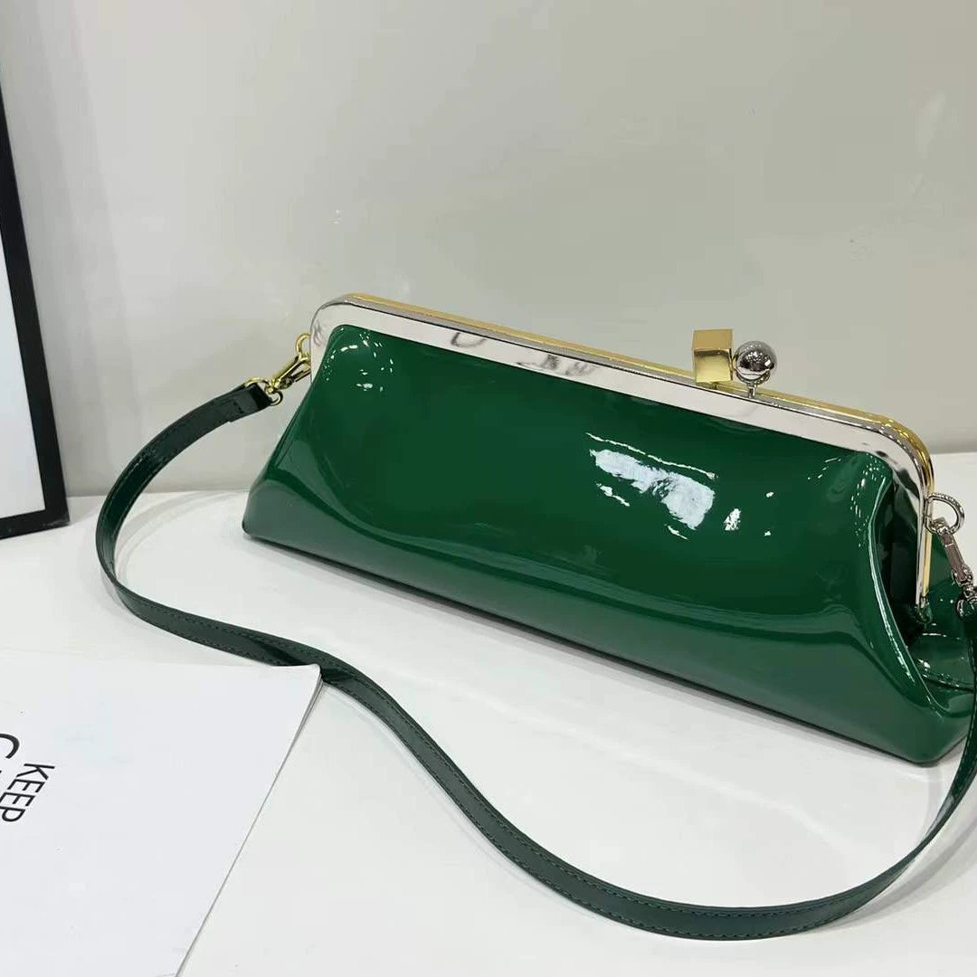 Retro Glam Brown Patent Leather Shoulder Bag with Frame Clasp