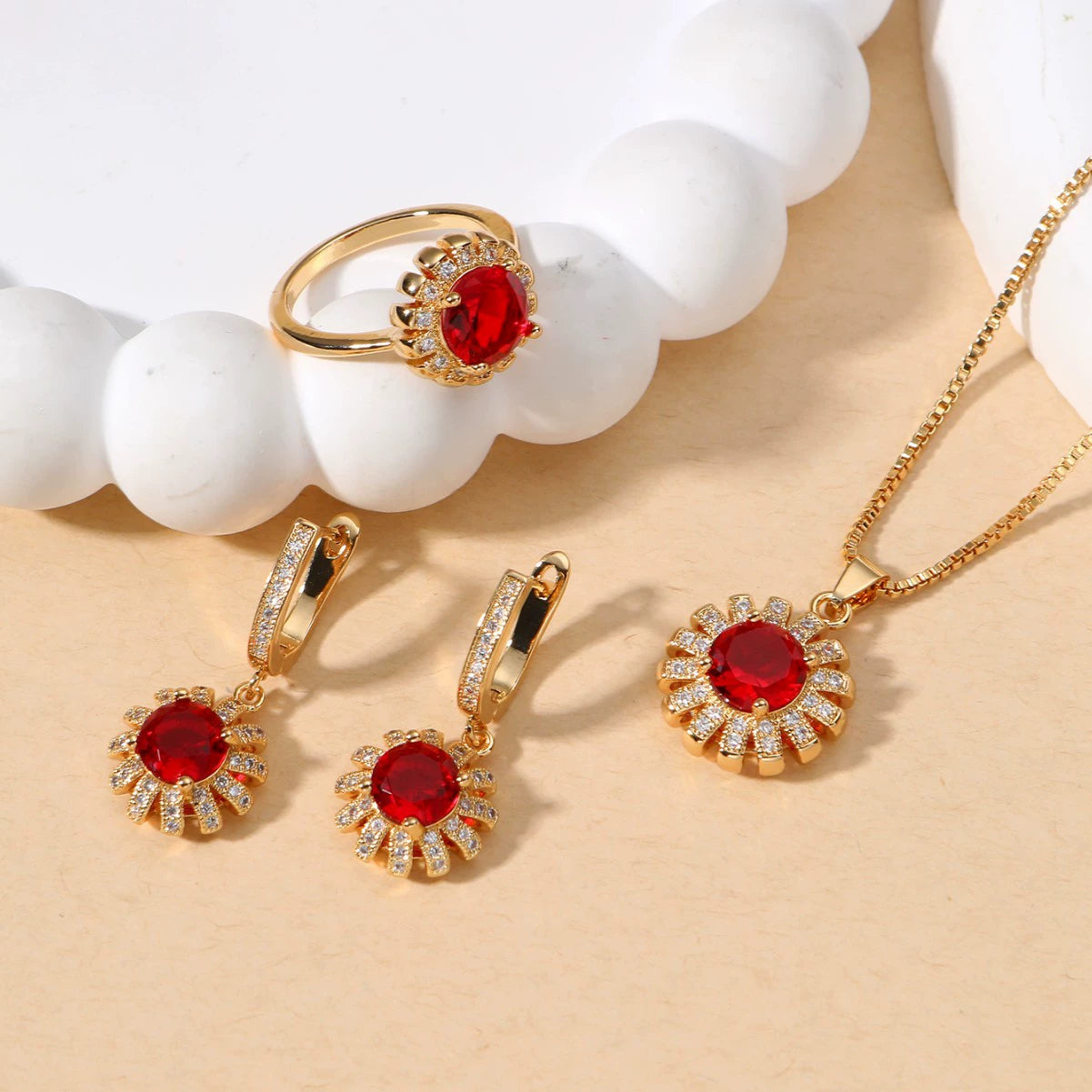 Elegant Red Zircon & Gold-Tone Jewelry Set