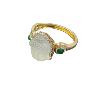 Exquisite Buddha Head Gold Bangle with Pave & Green Gems