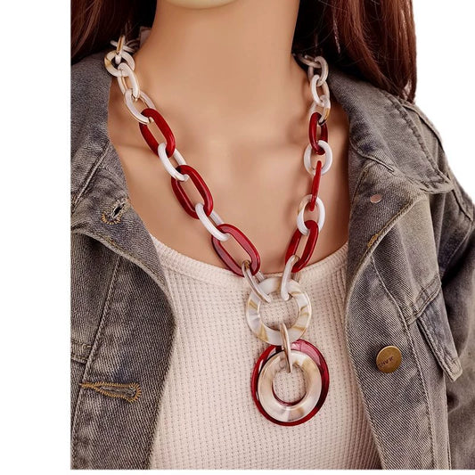 Bold Red White Marbled Resin Chunky Statement Necklace