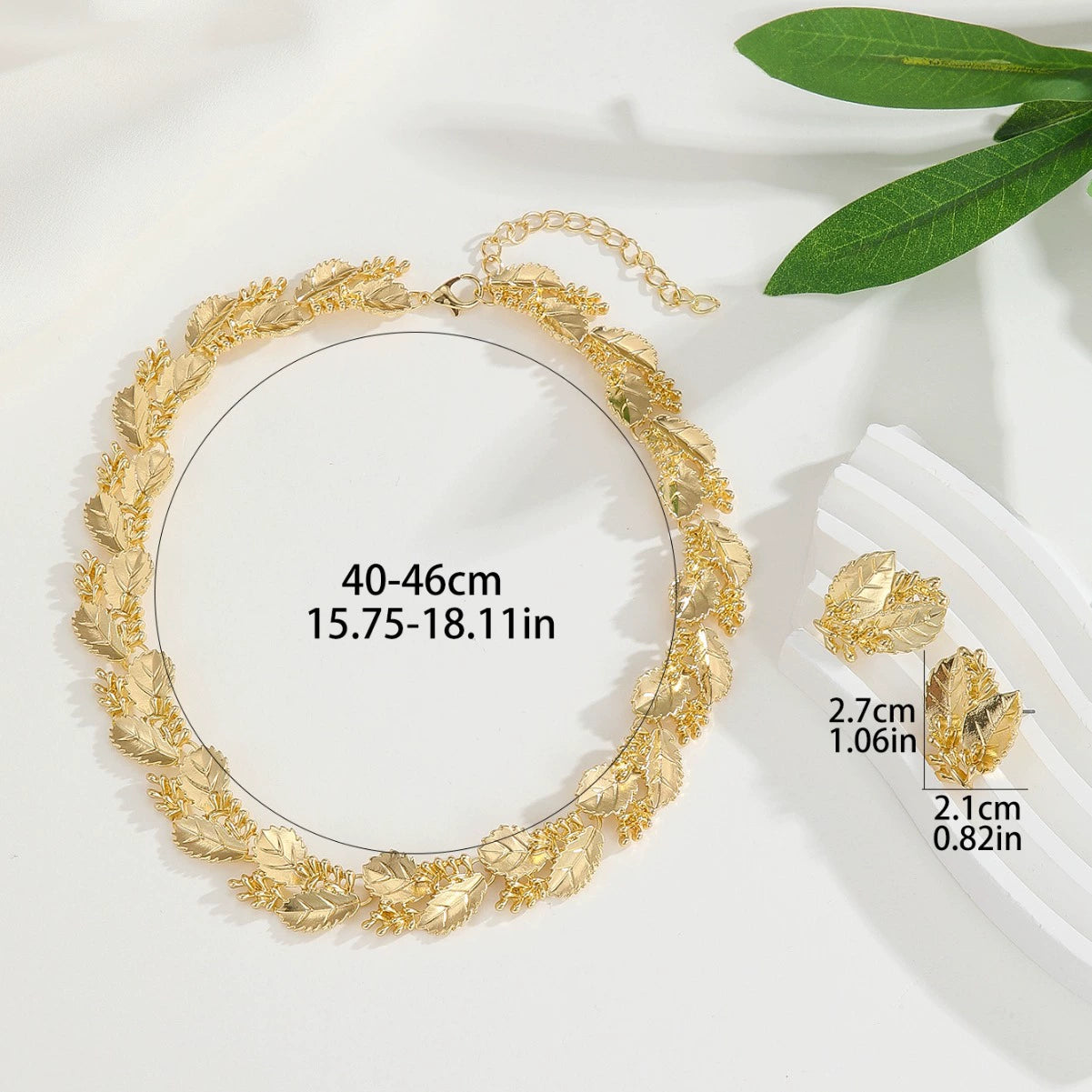 Elegant Gold-Toned Leaf Jewelry Set - Necklace & Earrings