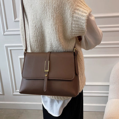Elegant Brown Faux Leather Flap Crossbody Shoulder Bag