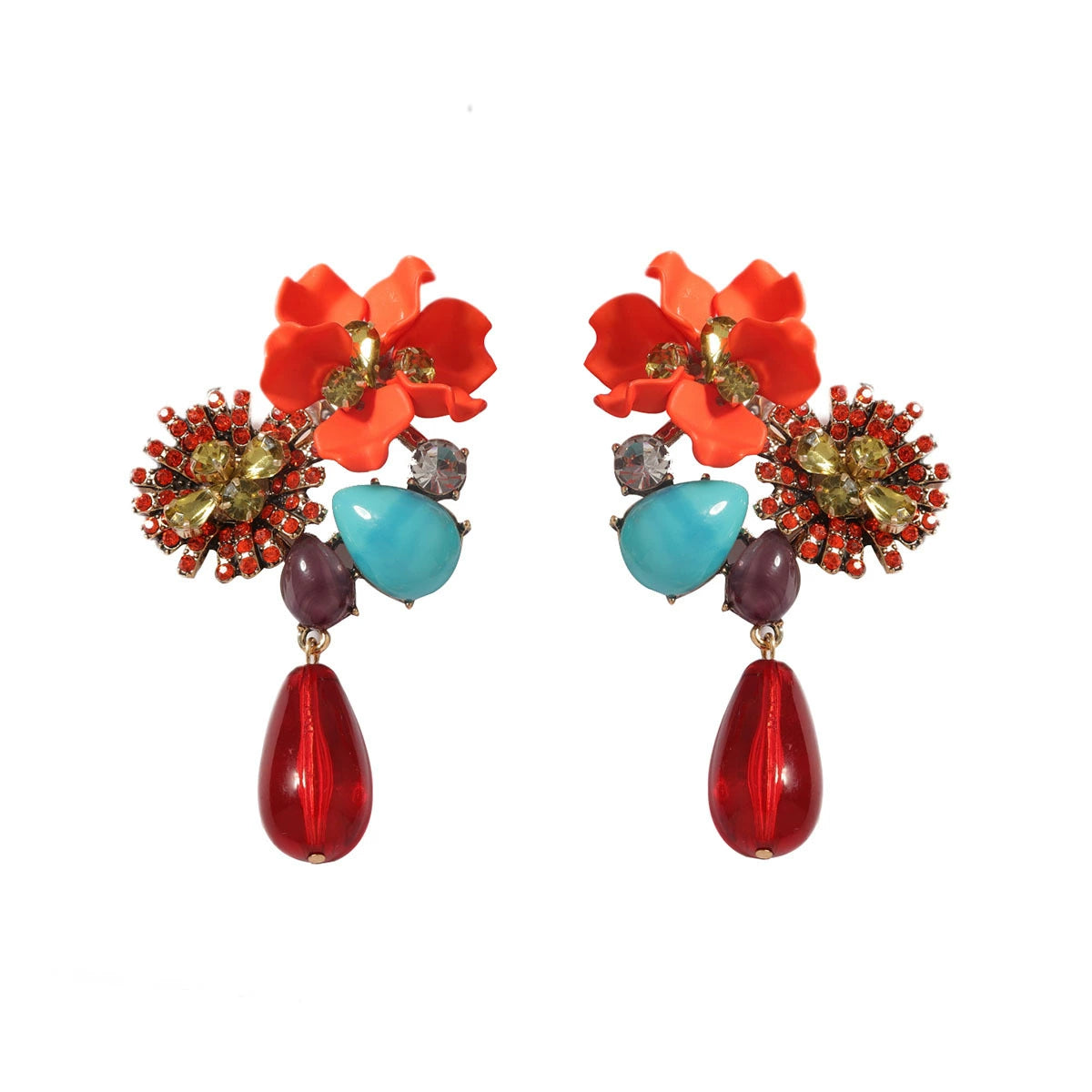 Vibrant Floral & Multi-Stone Statement Drop Earrings
