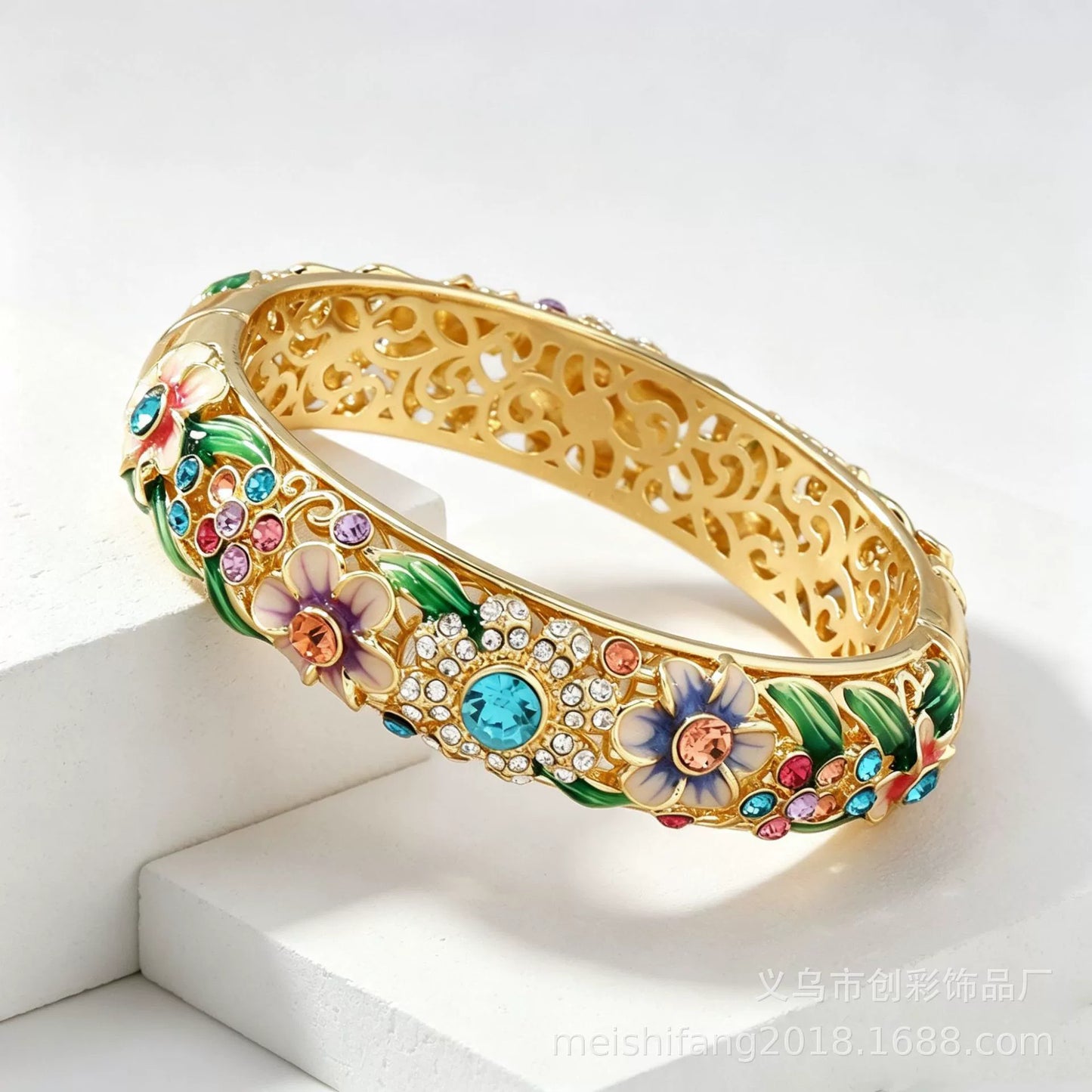 Ornate Gold-Tone Flower & Crystal Bangle Bracelet