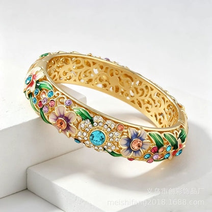 Ornate Gold-Tone Flower & Crystal Bangle Bracelet