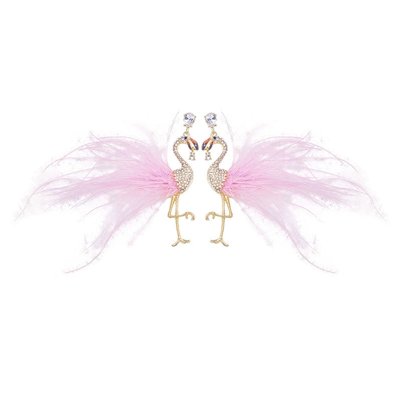 Chic Pink Feather & Crystal Flamingo Dangle Earrings