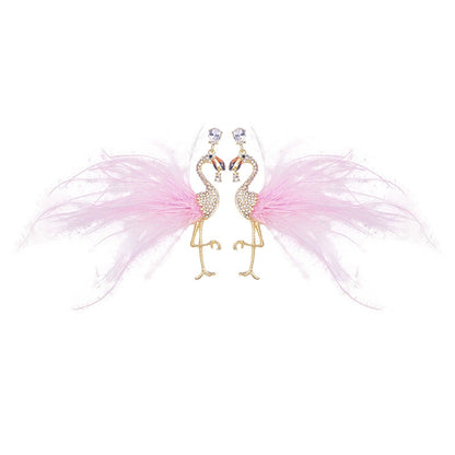Chic Pink Feather & Crystal Flamingo Dangle Earrings