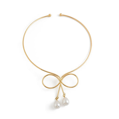 Elegant Gold Bow Pearl Choker Necklace | Chic Modern Design