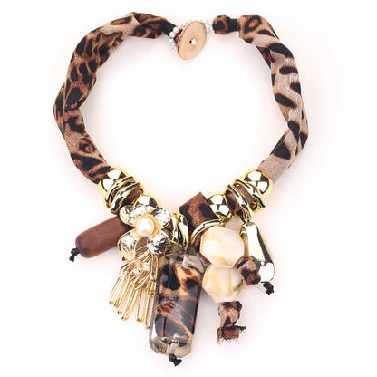 Boho Chic Leopard Print Fabric & Charm Statement Necklace