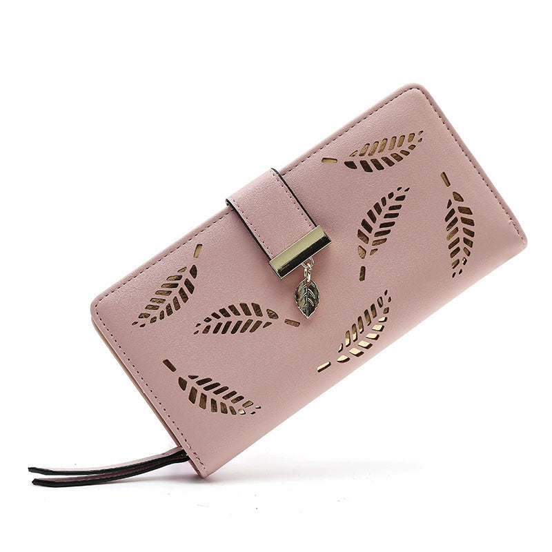Chic Women's Brown Leaf Cutout Wallet with Charm