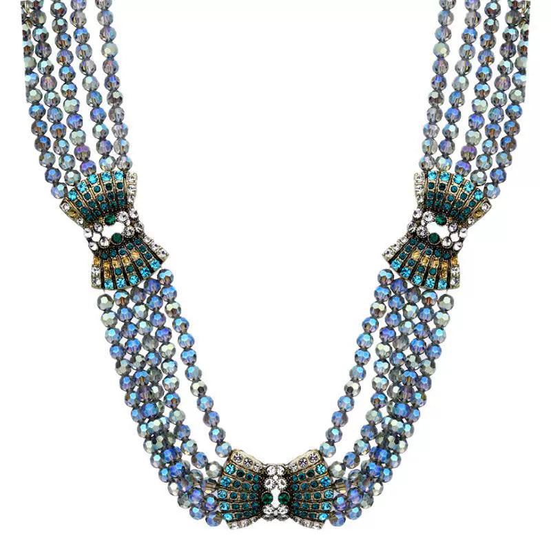 Ornate Multi-Strand Blue Crystal & Emerald Statement Necklace and Earrings