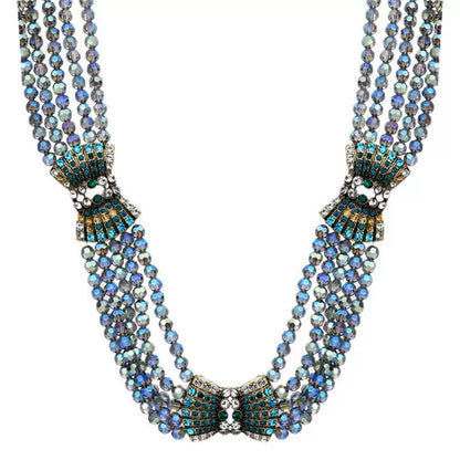 Ornate Multi-Strand Blue Crystal & Emerald Statement Necklace and Earrings