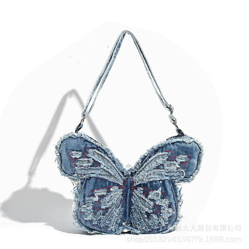 Y2K Distressed Denim Butterfly Shoulder Bag - Unique Style
