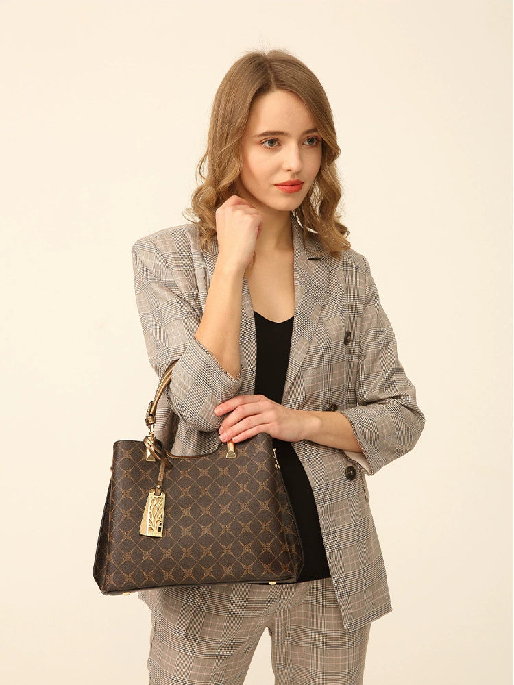 Elegant Brown Monogram Tote Bag with Gold Charm
