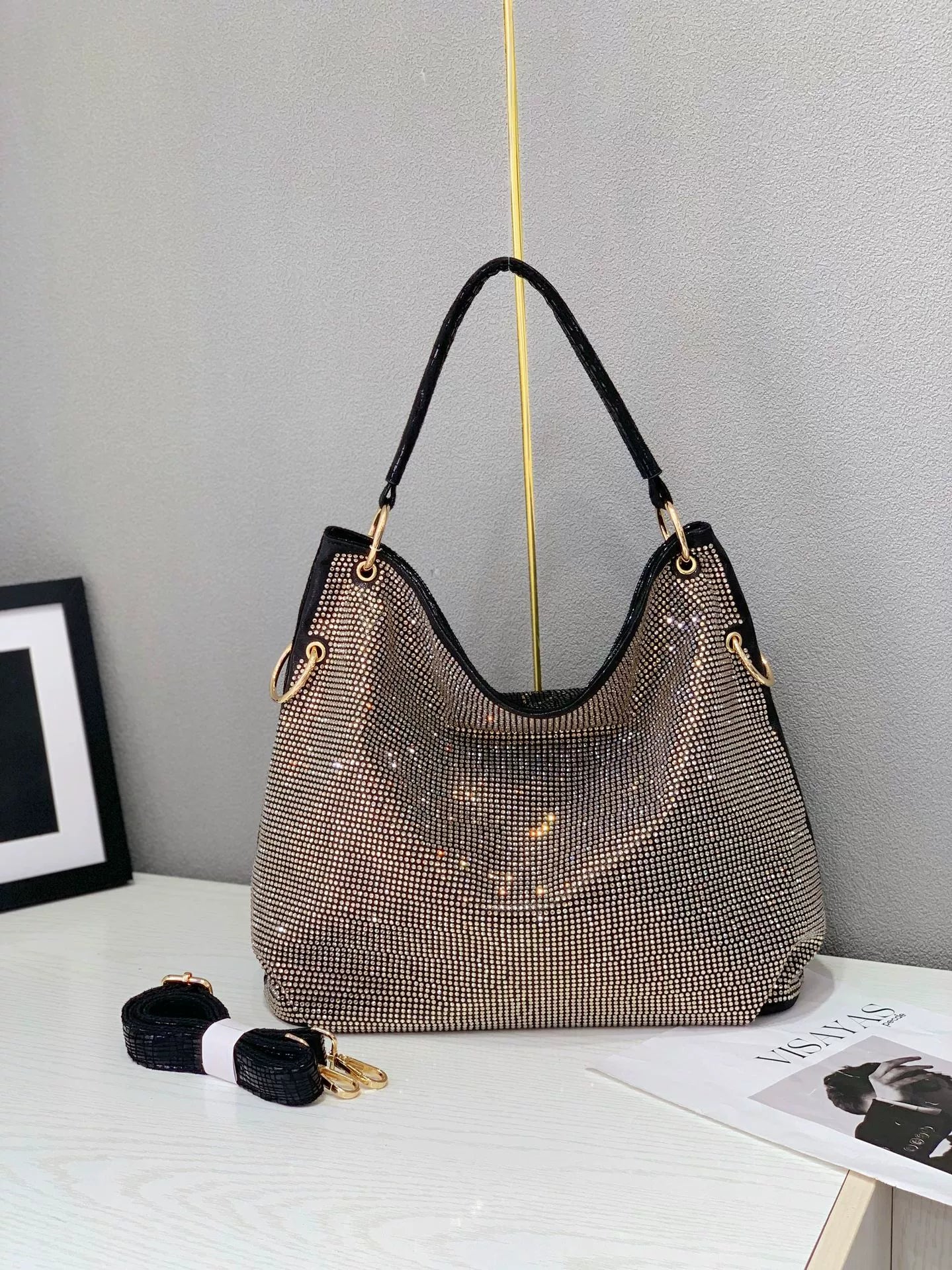 Sparkling Rhinestone Shoulder Hobo Bag with Detachable Strap