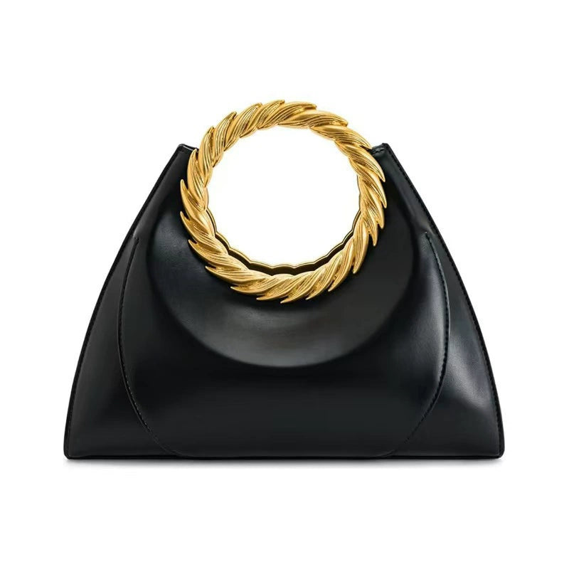 Luxury Black Trapezoid Bag with Golden Laurel Handle
