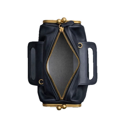 Elegant Black Leather Frame Bag with Gold Clasp