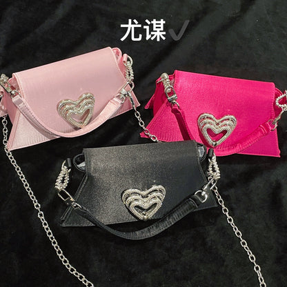 Glamorous Rhinestone Heart Satin Evening Shoulder Bag