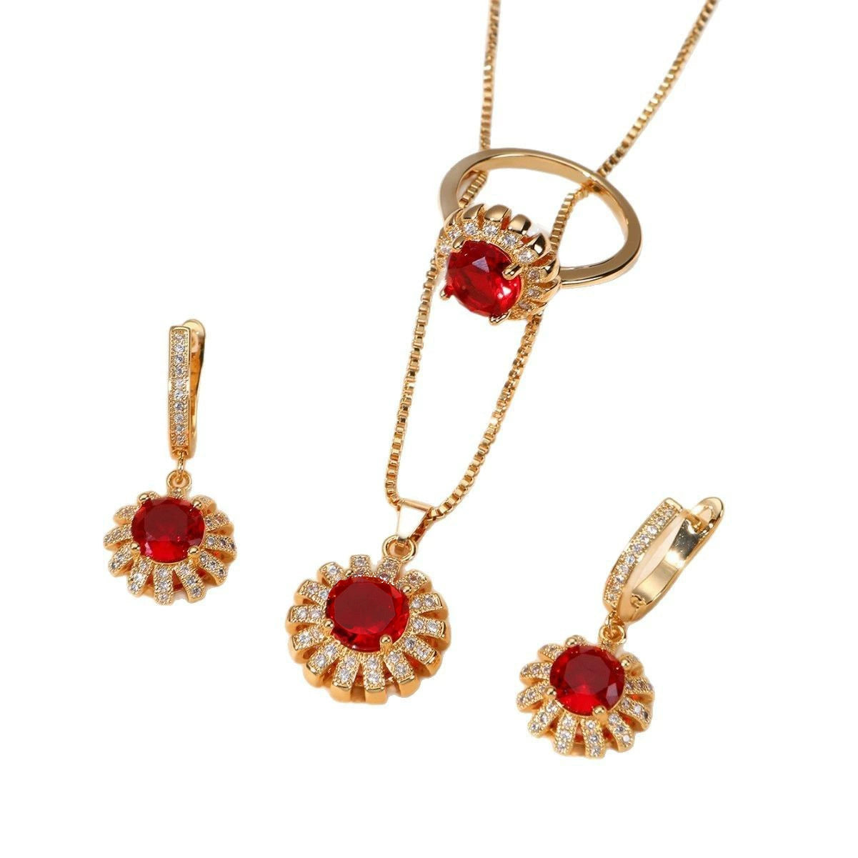 Elegant Red Zircon & Gold-Tone Jewelry Set