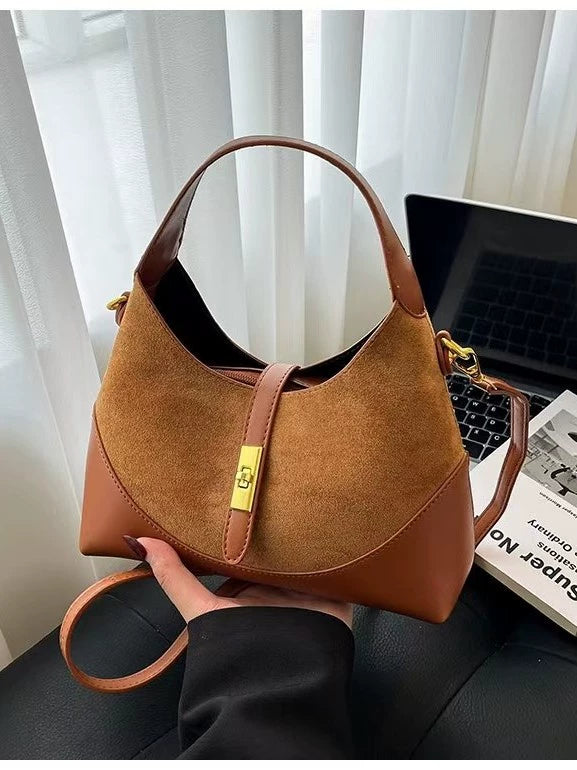Chic Black Suede & Leather Hobo Handbag