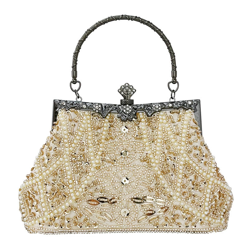Elegant Pearl & Gold Beaded Vintage Evening Clutch