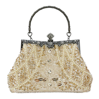 Elegant Pearl & Gold Beaded Vintage Evening Clutch
