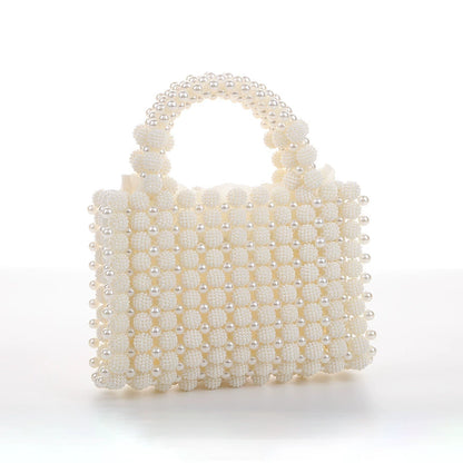 Elegant White Pearl Beaded Top-Handle Mini Handbag