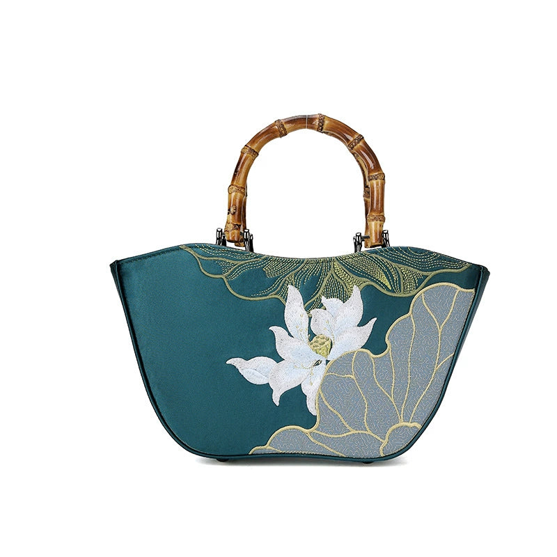 Elegant Lotus Embroidered Handbag with Bamboo Handle