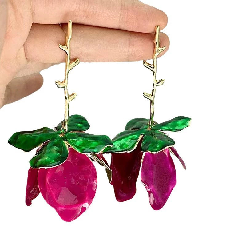 Elegant Pink Rose & Thorn Dangle Earrings