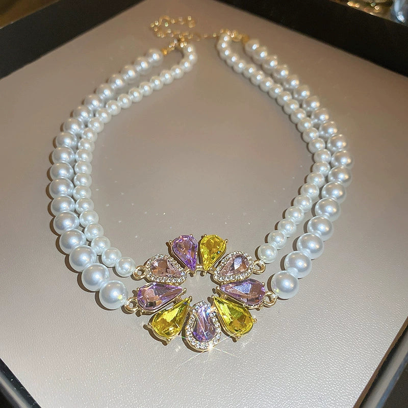 Elegant Double Strand Pearl & Colorful Gemstone Flower Necklace