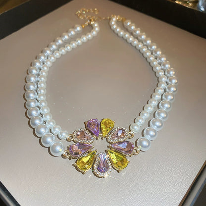 Elegant Double Strand Pearl & Colorful Gemstone Flower Necklace