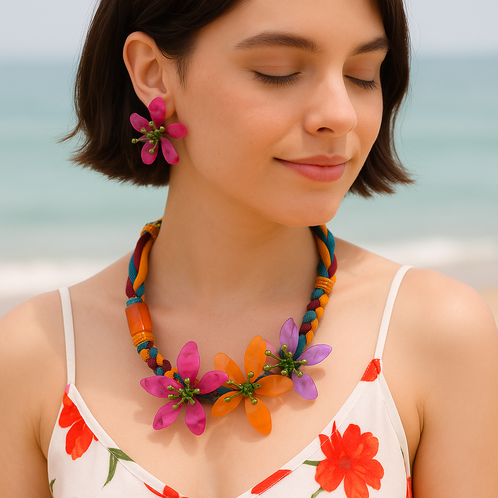Boho Floral Necklace & Earring Set – Colorful Handmade Beaded Jewelry for Women and Girls