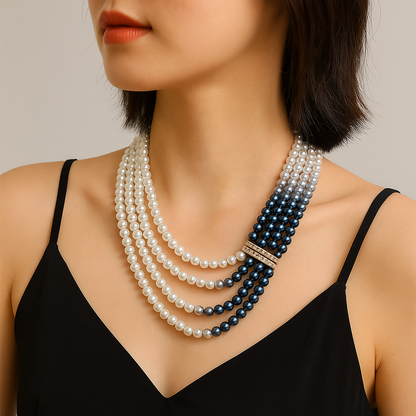 Elegant Multi-Layered Pearl Necklace for Women – Golden & Blue Designer Jewelry for Sarees and Parties