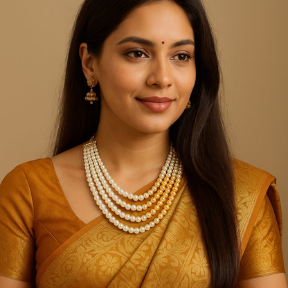 Elegant Multi-Layered Pearl Necklace for Women – Golden & Blue Designer Jewelry for Sarees and Parties