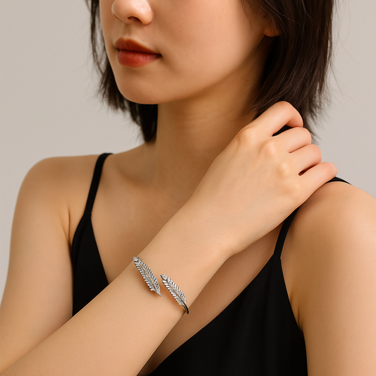 Luxury Silver-Toned Crystal Leaf Bracelet – Adjustable Party Wear Bangle for Women