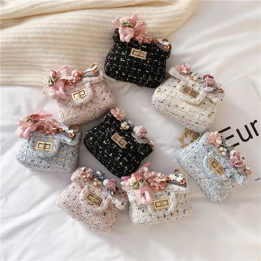 New design cute teddy flower girls baby small handbag twid kids shoulder bag
