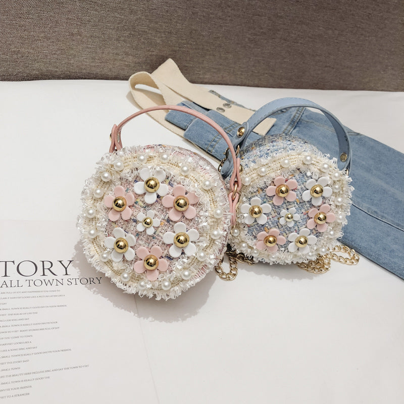 Luxury girl flower pearl round cross body mini shoulder bag