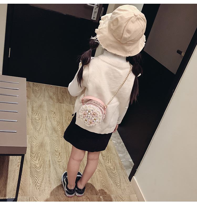 Luxury girl flower pearl round cross body mini shoulder bag