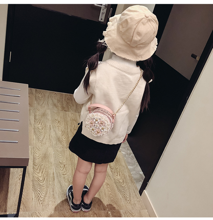 Luxury girl flower pearl round cross body mini shoulder bag