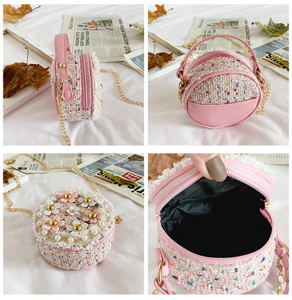 Luxury girl flower pearl round cross body mini shoulder bag